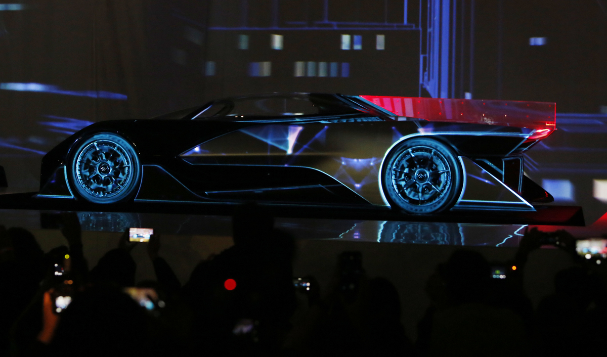 Faraday Future (FF) FFZERO1 Concept vehicle is shown at FF's pre-CES reveal event in Las Vegas on Monday, Jan. 4, 2016. (Bizuayehu Tesfaye/ AP Images for Faraday Future)